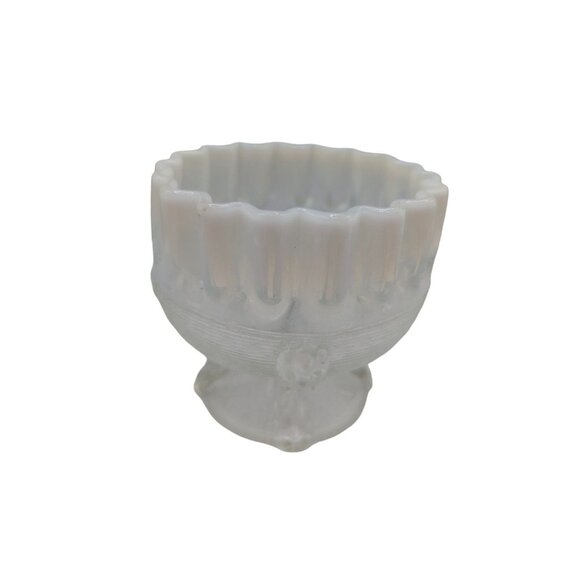 Antique Northwood Glass Opalescent Crimped Top Compote Spool Threaded Pattern - Picture 12 of 14